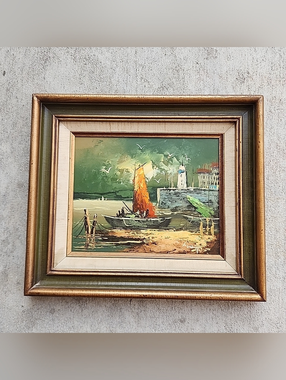 ANTIQUE MID CENTURY MODERN BOAT LANDSCAPE OIL PAINTING VINTAGE,SEASCAPE 13×15